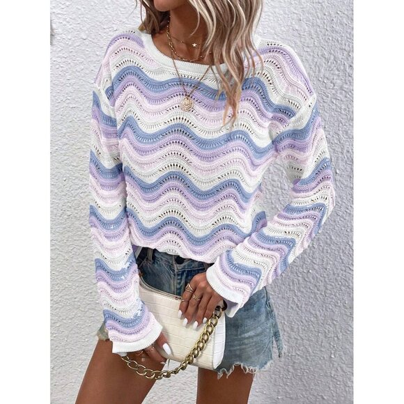 zig zag striped soft knit sweater purple white - Picture 1 of 3